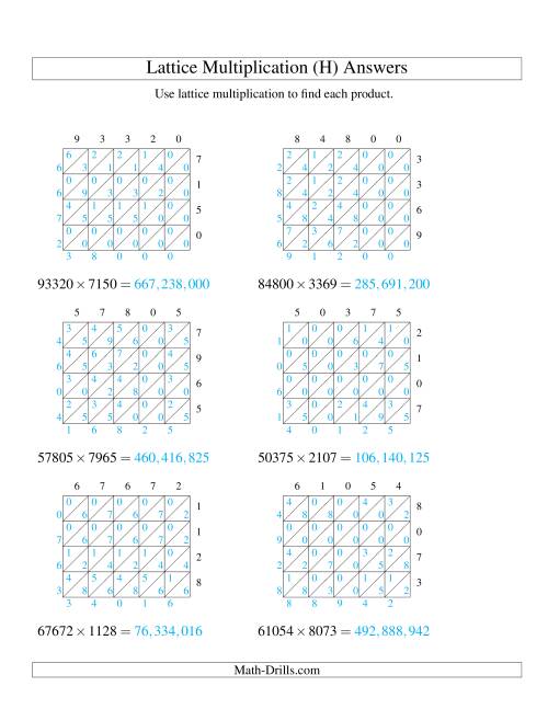 The Lattice Multiplication -- Five-digit by Four-digit (H) Math Worksheet Page 2