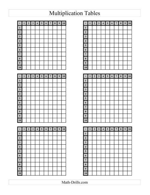 The Multiplication Tables to 100 -- Four per page (C) Math Worksheet Page 2