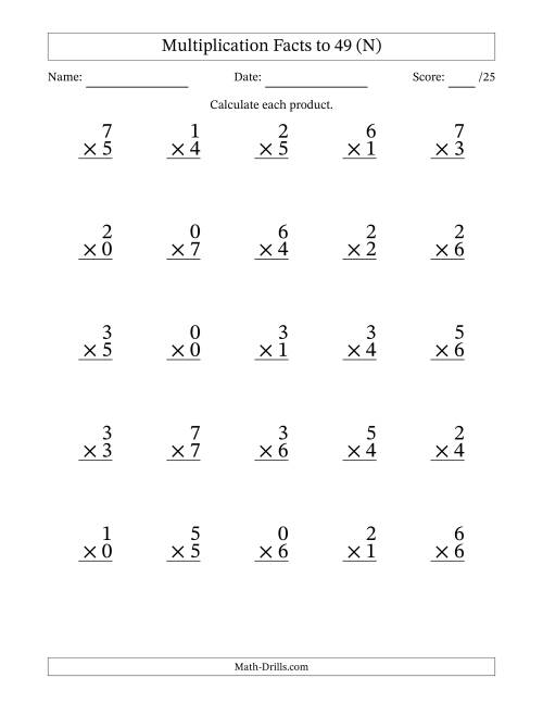 The Multiplication Facts to 49 (25 Questions) (With Zeros) (N) Math Worksheet