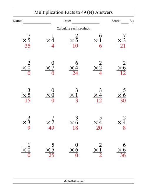 The Multiplication Facts to 49 (25 Questions) (With Zeros) (N) Math Worksheet Page 2