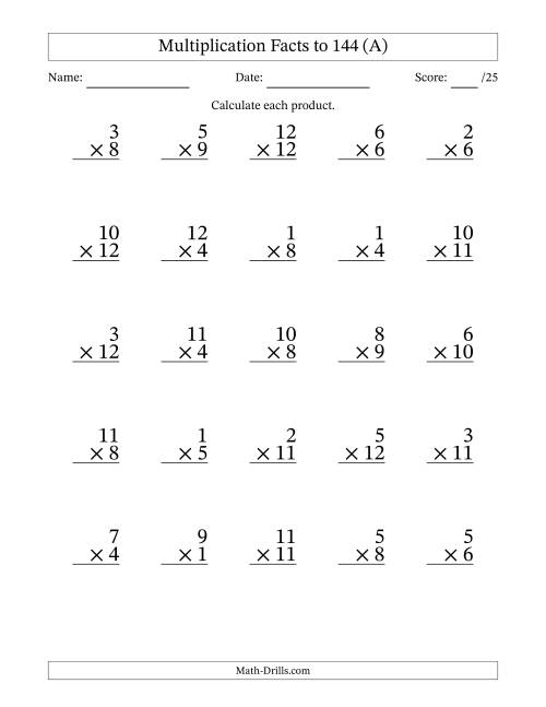 The Multiplication Facts to 144 (25 Questions) (With Zeros) (A) Math Worksheet