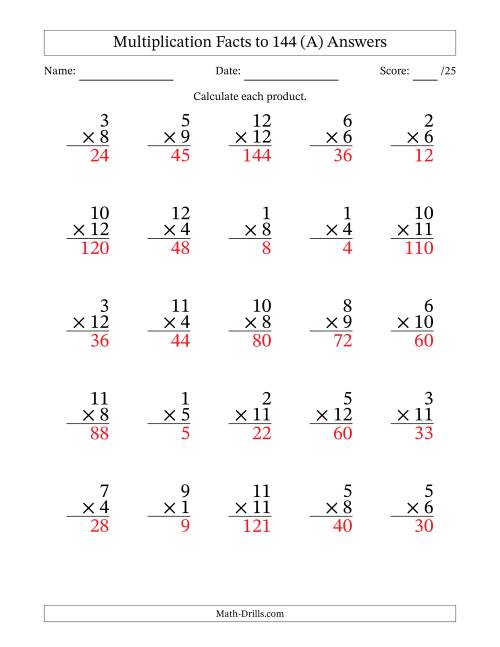The Multiplication Facts to 144 (25 Questions) (With Zeros) (A) Math Worksheet Page 2