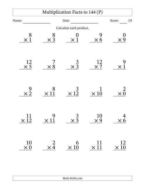 The Multiplication Facts to 144 (25 Questions) (With Zeros) (P) Math Worksheet