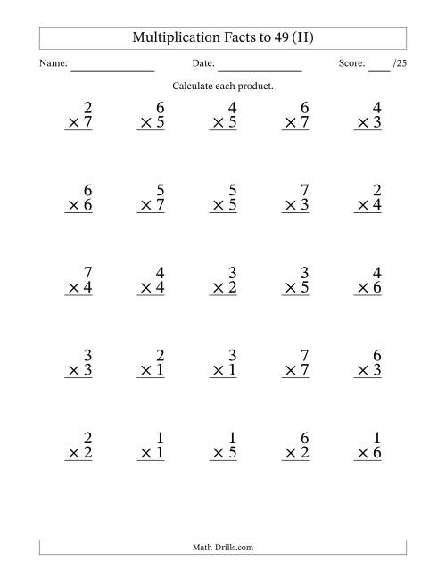 The Multiplication Facts to 49 (25 Questions) (No Zeros) (H) Math Worksheet