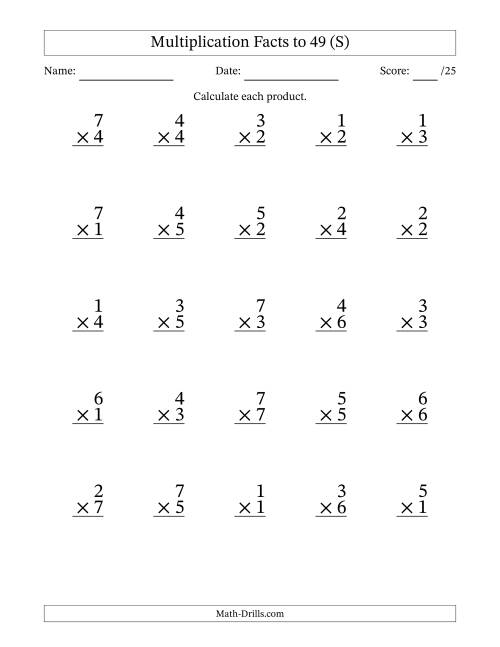 The Multiplication Facts to 49 (25 Questions) (No Zeros) (S) Math Worksheet