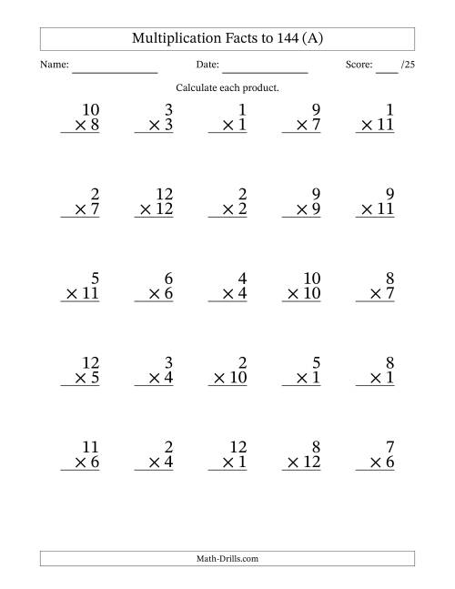 The Multiplication Facts to 144 (25 Questions) (No Zeros) (A) Math Worksheet