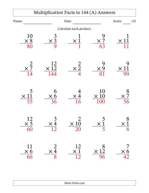 The Multiplication Facts to 144 (25 Questions) (No Zeros) (A) Math Worksheet Page 2