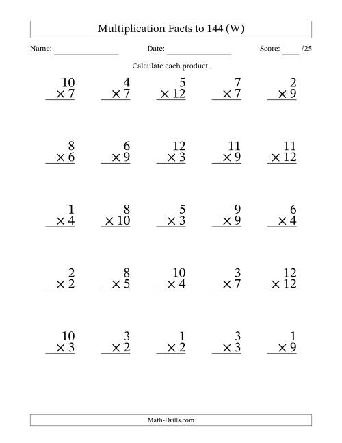 The Multiplication Facts to 144 (25 Questions) (No Zeros) (W) Math Worksheet