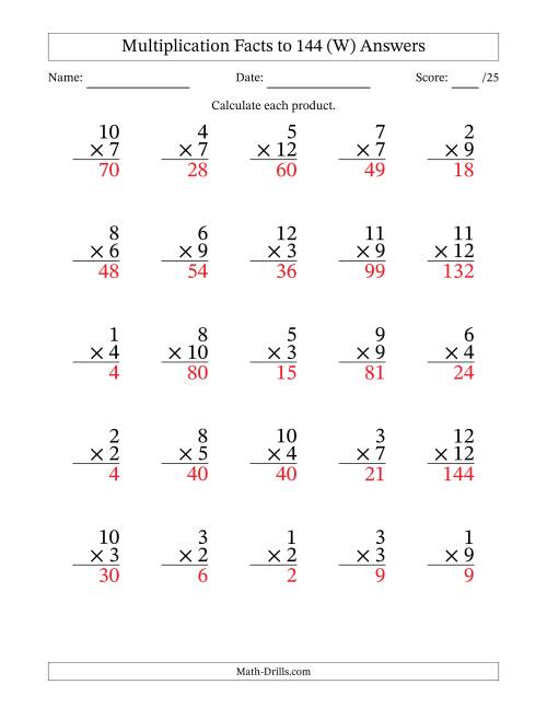 The Multiplication Facts to 144 (25 Questions) (No Zeros) (W) Math Worksheet Page 2