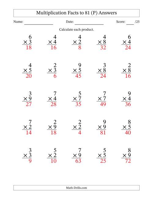 The Multiplication Facts to 81 (25 Questions) (No Zeros or Ones) (P) Math Worksheet Page 2