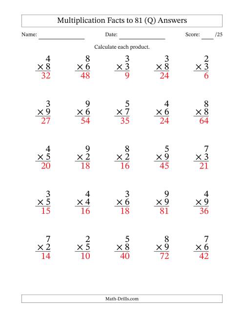 The Multiplication Facts to 81 (25 Questions) (No Zeros or Ones) (Q) Math Worksheet Page 2