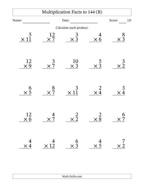 The Multiplication Facts to 144 (25 Questions) (No Zeros or Ones) (B) Math Worksheet