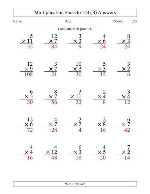 The Multiplication Facts to 144 (25 Questions) (No Zeros or Ones) (B) Math Worksheet Page 2