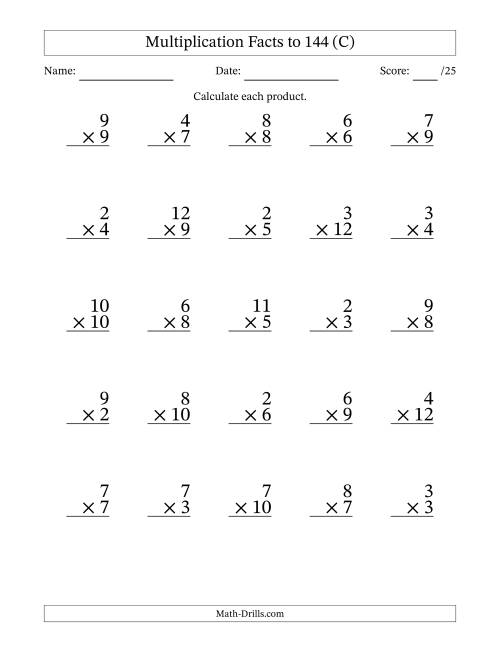 The Multiplication Facts to 144 (25 Questions) (No Zeros or Ones) (C) Math Worksheet