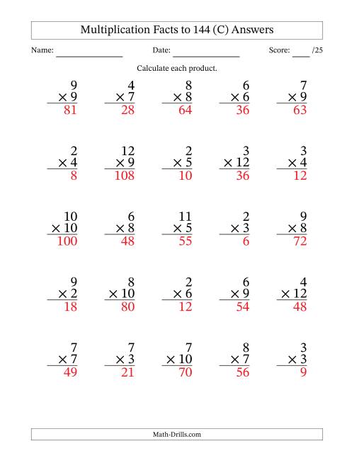 The Multiplication Facts to 144 (25 Questions) (No Zeros or Ones) (C) Math Worksheet Page 2