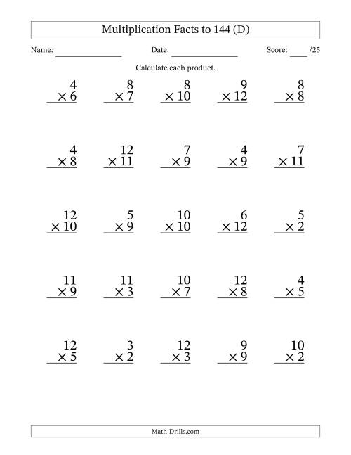 The Multiplication Facts to 144 (25 Questions) (No Zeros or Ones) (D) Math Worksheet