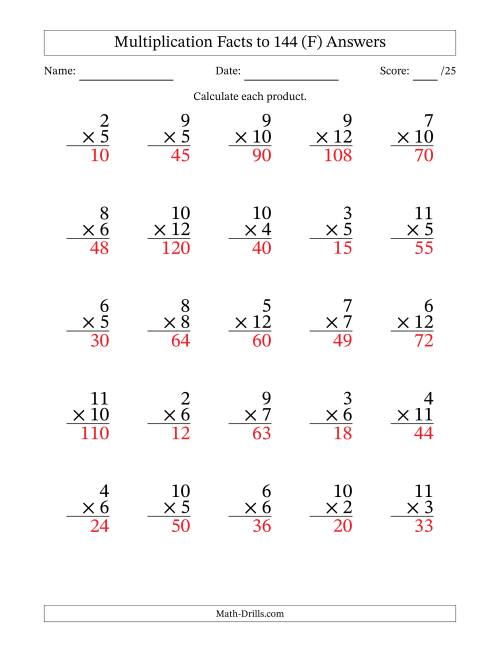 The Multiplication Facts to 144 (25 Questions) (No Zeros or Ones) (F) Math Worksheet Page 2