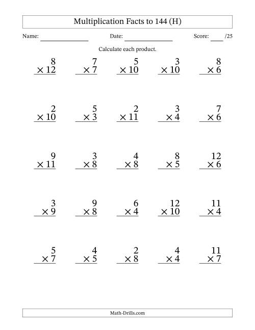 The Multiplication Facts to 144 (25 Questions) (No Zeros or Ones) (H) Math Worksheet
