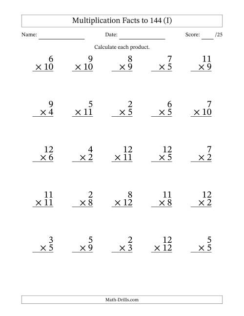 The Multiplication Facts to 144 (25 Questions) (No Zeros or Ones) (I) Math Worksheet