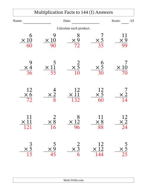 The Multiplication Facts to 144 (25 Questions) (No Zeros or Ones) (I) Math Worksheet Page 2