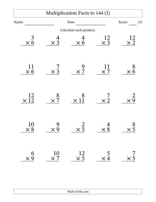 The Multiplication Facts to 144 (25 Questions) (No Zeros or Ones) (J) Math Worksheet