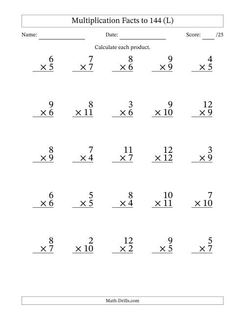 The Multiplication Facts to 144 (25 Questions) (No Zeros or Ones) (L) Math Worksheet