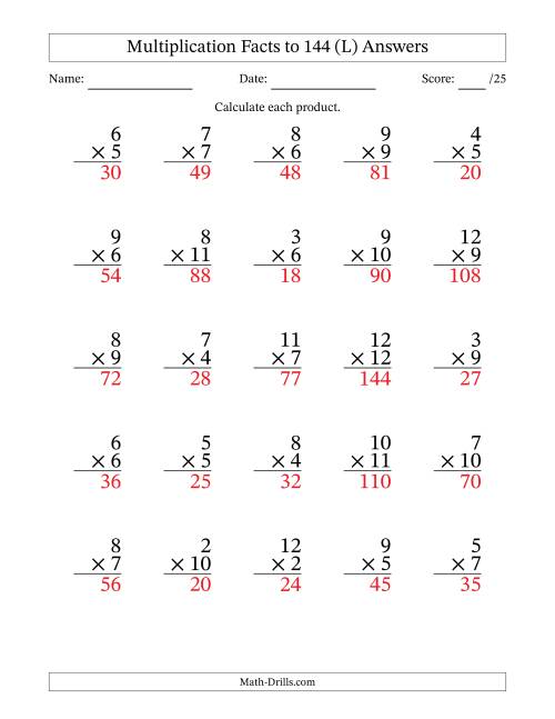 The Multiplication Facts to 144 (25 Questions) (No Zeros or Ones) (L) Math Worksheet Page 2