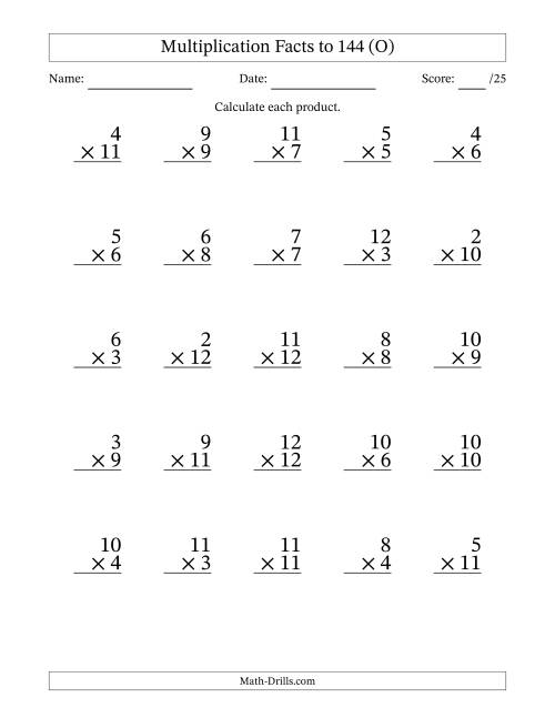 The Multiplication Facts to 144 (25 Questions) (No Zeros or Ones) (O) Math Worksheet