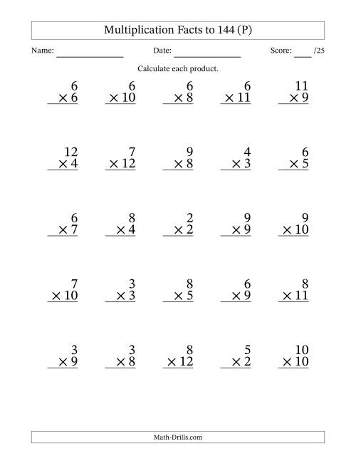The Multiplication Facts to 144 (25 Questions) (No Zeros or Ones) (P) Math Worksheet