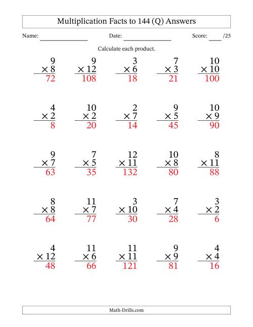 The Multiplication Facts to 144 (25 Questions) (No Zeros or Ones) (Q) Math Worksheet Page 2