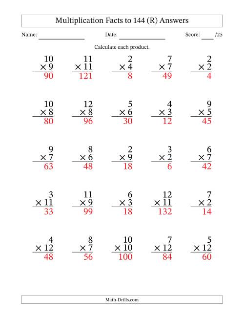 The Multiplication Facts to 144 (25 Questions) (No Zeros or Ones) (R) Math Worksheet Page 2