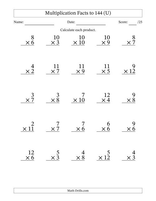 The Multiplication Facts to 144 (25 Questions) (No Zeros or Ones) (U) Math Worksheet