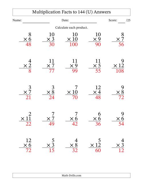 The Multiplication Facts to 144 (25 Questions) (No Zeros or Ones) (U) Math Worksheet Page 2