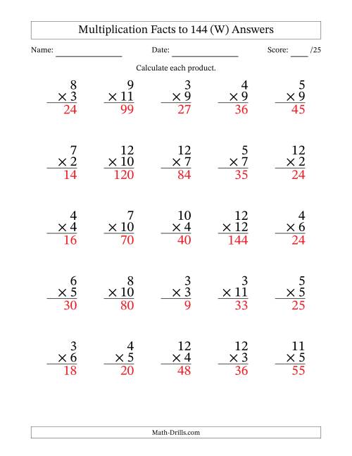The Multiplication Facts to 144 (25 Questions) (No Zeros or Ones) (W) Math Worksheet Page 2