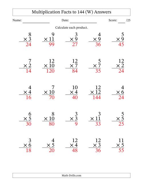 multiplication facts to 144 25 questions no zeros or