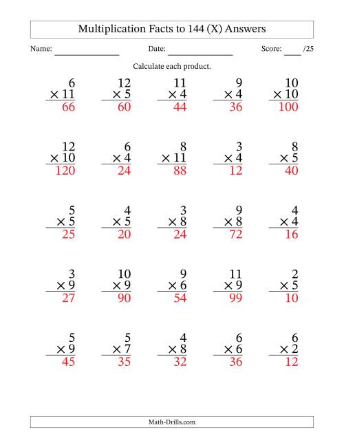 The Multiplication Facts to 144 (25 Questions) (No Zeros or Ones) (X) Math Worksheet Page 2