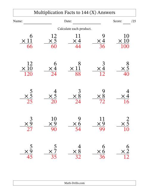 multiplication facts to 144 25 questions no zeros or