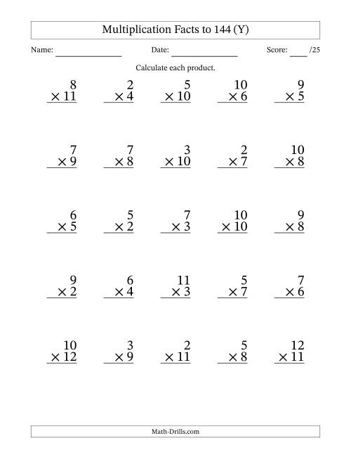The Multiplication Facts to 144 (25 Questions) (No Zeros or Ones) (Y) Math Worksheet
