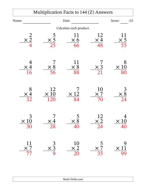 The Multiplication Facts to 144 (25 Questions) (No Zeros or Ones) (Z) Math Worksheet Page 2