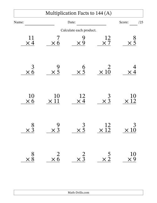 The Multiplication Facts to 144 (25 Questions) (No Zeros or Ones) (All) Math Worksheet