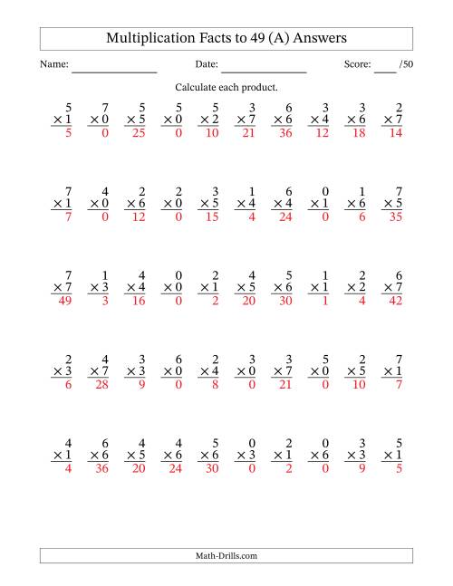 The Multiplication Facts to 49 (50 Questions) (With Zeros) (A) Math Worksheet Page 2