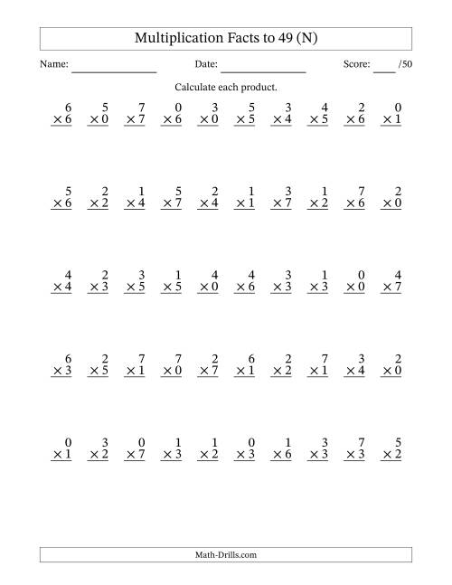 The Multiplication Facts to 49 (50 Questions) (With Zeros) (N) Math Worksheet