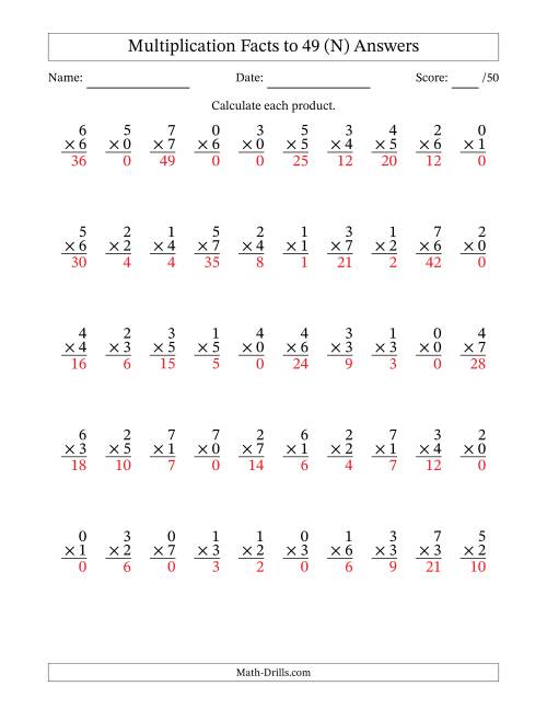 The Multiplication Facts to 49 (50 Questions) (With Zeros) (N) Math Worksheet Page 2