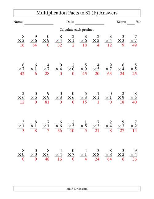 The Multiplication Facts to 81 (50 Questions) (With Zeros) (F) Math Worksheet Page 2