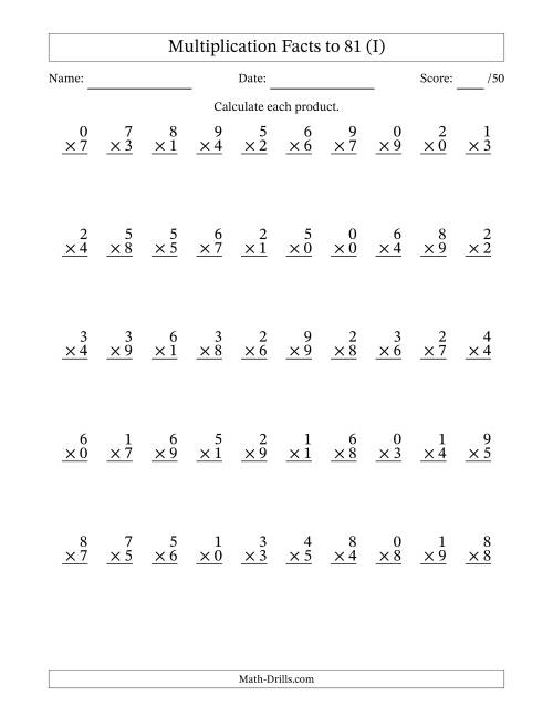 The Multiplication Facts to 81 (50 Questions) (With Zeros) (I) Math Worksheet