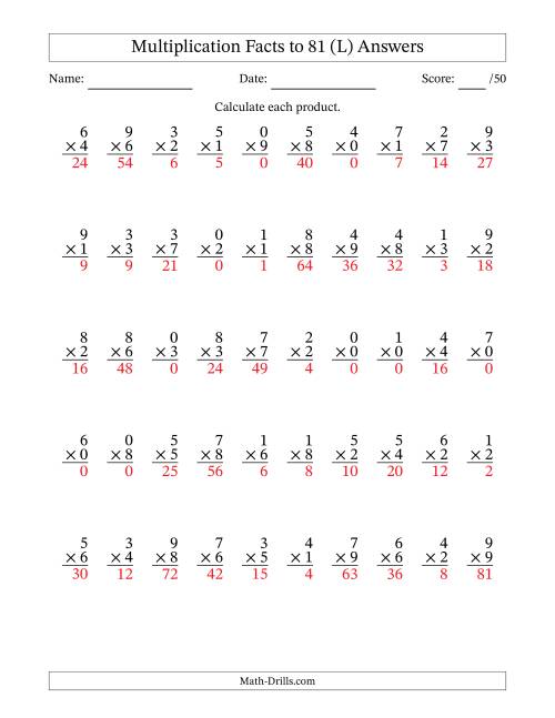 The Multiplication Facts to 81 (50 Questions) (With Zeros) (L) Math Worksheet Page 2