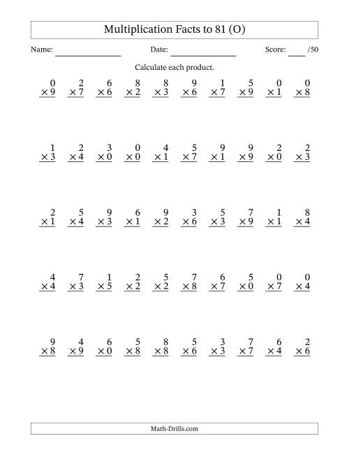The Multiplication Facts to 81 (50 Questions) (With Zeros) (O) Math Worksheet