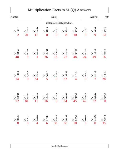 The Multiplication Facts to 81 (50 Questions) (With Zeros) (Q) Math Worksheet Page 2