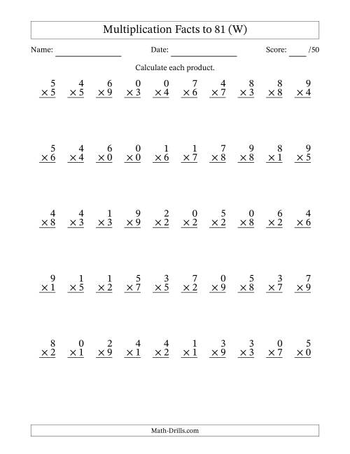 The Multiplication Facts to 81 (50 Questions) (With Zeros) (W) Math Worksheet