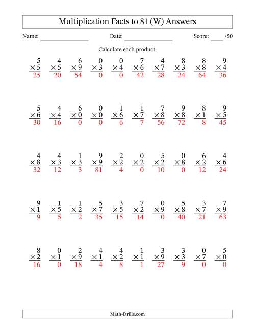 The Multiplication Facts to 81 (50 Questions) (With Zeros) (W) Math Worksheet Page 2